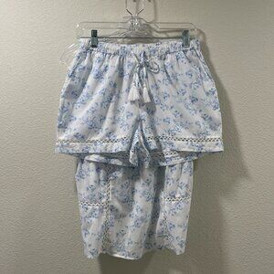 NWT, CAROLINE CONSTAS 2 Piece Cami/Shorts Woven Pajama Set, White/Blue - S